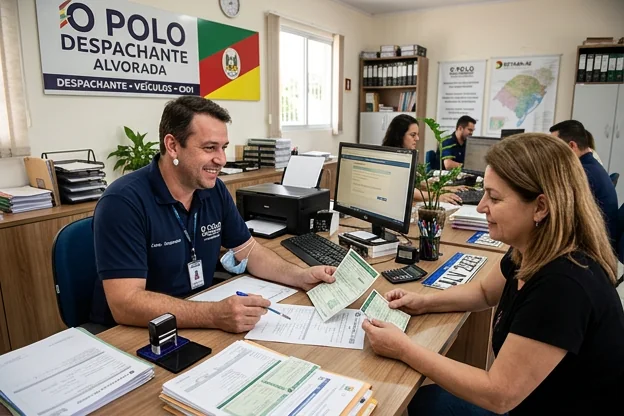 Despachante em Alvorada atendendo cliente com documentos e esclarecendo dúvidas.