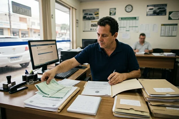 Despachante organizando documentação necessária para licenciamento em Alvorada.